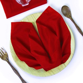 MDS Pack of 12 Polyester Napkins 17 x 17 Inch Square with Scalloped Edge, Plain Washable Reusable Dining Table Cloth Napkin for Wedding Party Banquet Home Restaurant Bistro Decoration - Red