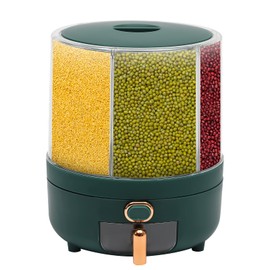 BANLICALI 6 Grid Rice Dispenser, 360° Rotating Dry Rice Dispenser PET PP Kitchen Grain Storage Container with Anti-slip Pads for Store Rice and Beans Green+Clear (Large)
