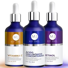 MIST JEWEL Kit de Skincare con 3 Serums Faciales: Vitamina C, Retinol y Ácido Hialurónico + Vitamina E | Rutina de sueros faciales Antiedad, Hidratant