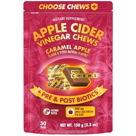 YouChews, Organic Apple Cider Vinegar Chews for Gut Health (500 mg of ACV per chew) + Pre & Postbiotics, Caramel Apple Flavor (30 Chews Pack). Chewing Helps Your Body Absorb nutrients Better.