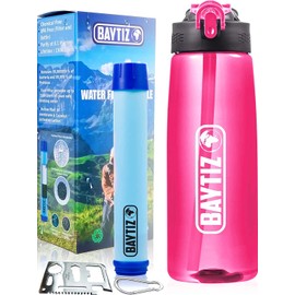BAYTIZ - Water Bottle + Straw Filter + Carabiner - Outdoor Water Filter with Activated Carbon - Sports Survival Camping Hiking Survival Water Flash Straw Water Purifier Life Filter System Straw