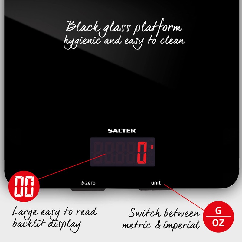 Salter 1150 BKDR Digital Kitchen Scales, Stylish Glass Design, Cooking
