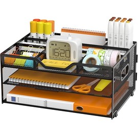 Bandeja de papel de 3 niveles, organizador de escritorio negro con 3 soportes para lápices y bandeja deslizante para oficina, aula y suministros para 