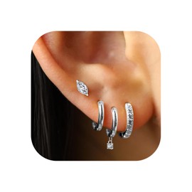 ENVYOU Rhodium Silver Plated Stackable Earrings Set for Women - 4 Pairs Dainty Hoop & Stud Earring Set, Hypoallergenic Layered Ear Jewelry, Minimalist Surgical Steel Huggie Hoops & Tiny Studs for Daily Wear