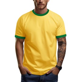 Ringer Tee Men Vintage Crewneck Athletic Retro T Shirts Short Sleeve Sport Jersey(Yellow/Green,S)