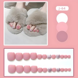 Pink Press on Toe Nails Short Glossy Fake Toenails Silver Glitter Toe Nails Press on Artificial Acrylic Toe Nails for Women