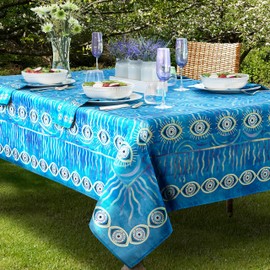 Home Bargains Plus Blue Evil Eye Rectangle Fabric Tablecloth, 52 x 70 Inch, Wrinkle, Water and Stain Resistant Mediterranean Table Cover for Holiday Party Dining