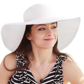 Beach Wide Brim Sun Hat Womens Sunhat Ladies Straw Floppy Large, White 7 1/4