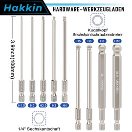 Hakkin 9 Pieces 100 mm Ball Head Screwdriver 1/4 Inch Hex Shank Ball End Hex Bit Sets S2 Alloy Steel 1.5/2/2.5/3/4/5/6/8/10 mm Hexagonal Magnetic Hex Bit Set Power Tools