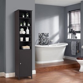 Tangkula Slim Tall Bathroom Storage Cabinet, 72" H Floor Standing Tower Cabinet with Adjustable Shelves & Cupboard with Door, Space Saving Narrow Storage Cabinet for Bathroom (Brown)