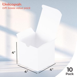 UnicoPak 10 Pack 4x4x4 Gift Boxes Bulk White Small Gift Boxes for Ornaments, Candles, Mugs, Crafting, Treat, Ideal for Birthday Christmas Party Homemade Business