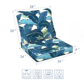 LVTXIII Outdoor Deep Seat Cushion 24"x24"x4" Patio Seat and Back Cushion Set Seasonal Chair Cushion for Dining Arm Chairs, Wicker Chairs and Garden Furniture Decoration, Swaying Palms Blue