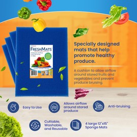 Bluapple FreshMats, Refrigerator Bin Liner, Fridge Drawer Mats, Crisper Life Extender Liner Keeps Produce Fresh Longer, Anti-Bruising, Helps Air Circulation, Washable & Reusable (4-Mats, 12x15, Blue)
