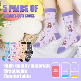 5 Pairs Cute Cat Dog Socks for Women, Womens Funny Novelty Crew Cotton Socks Animal Patterned Christmas Gifts Size 9-11