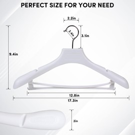 Suit Hangers for Men 50 Pack, White Coat Hangers Extra Wide Non Slip Width 17.7", Thick Plastic with Pants Bar & Metal Hook