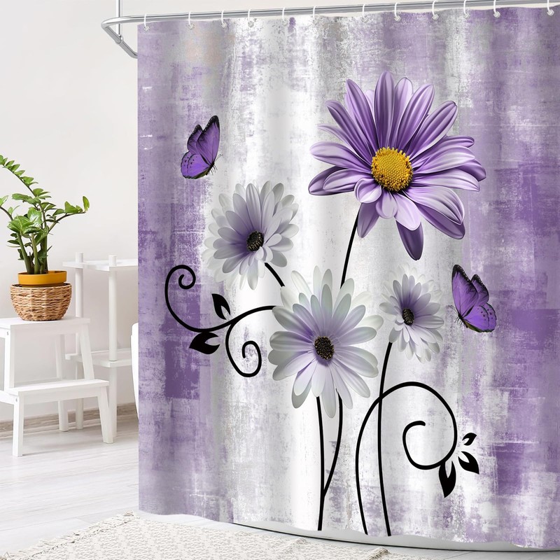 UPUMKSK Purple Daisy Shower Curtain Floral Butterfly, 70" W x