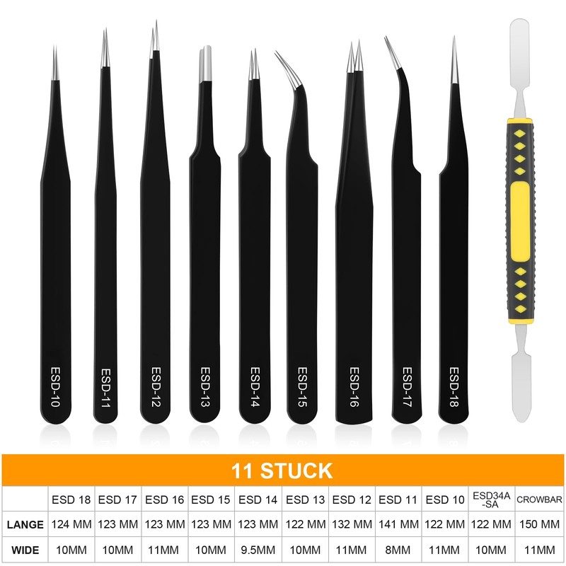 Ainiv Precision Tweezers Set, 11PCS Anti-Static ESD Tweezers Set with