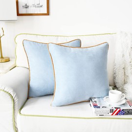 CaliTime Throw Pillow Covers Pack of 2 Super Soft Faux Suede Gold Piping Edge Accent Cushion Cases for Couch Bed Sofa Farmhouse Decorative 20 X 20 Inches Light Blue