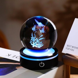 YWHL 3.14In 3D Crystal Butterfly Ball Gifts for Women, Butterfly and Lily Flower Figurines with Light Base, Butterfly Gifts for Birthday Christmas, Nature Collectible Decor(80mm)