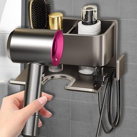 Hair Dryer Holder Wall Mounted, Blow Dryer Holder for Bathroom, Self Adhesive Hair Tool Organizer Compatible, Stainless Steel Blow Dryer Holder with Most Types of Hair dryers(Black)