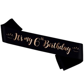 PYQWA It’s My 6th Birthday Sash, Black Sash with Pink Foil - Happy 6th Birthday Party Decor - Cheer to Sweet Six Years Old Birthday Sash