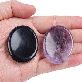 Loveliome Black Obsidian and Amethyst Thumb Worry Stone, Stress Relax Healing Reiki Crystal Pocket Palm Stones,Pack of 2