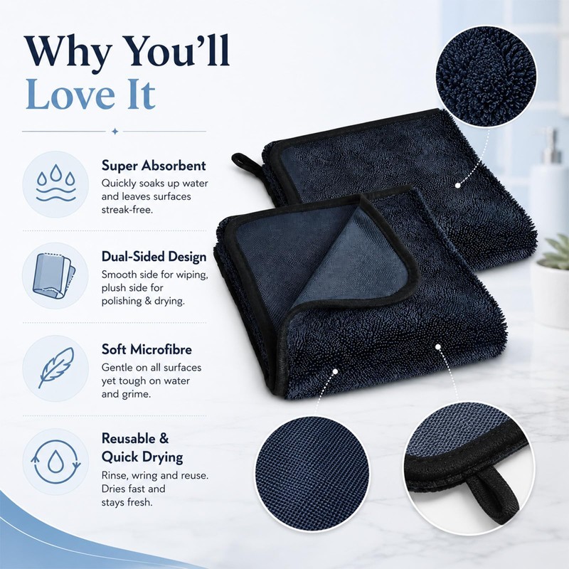2 Pack Magic Bathroom Drying Cloth,Black Cloths For Cleaning Shower