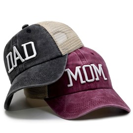 BSJSIA Embroidered Adjustable Mesh Back Baseball Caps, Set of 2, Mom and Dad Hats, New Parents Gifts for Couples (US, Alpha, One Size, Black Dad Hat & Red Mom Hat)