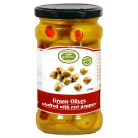 KORVEL Premium Red Pepper Stuffed Olives | Exceptional Appetizers, Essential Ingredient in Healthy Cuisine | Rich in Antioxidants and Fiber | Hand Picked Green Olives (290g / 10.2oz)