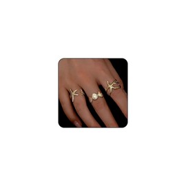 FloralGrace 3 Piece Carat Gold Shell Rings, Ring Set Gold, Starfish, Dainty Shell Waves Fingers, Stackable Statement Rings, Summer Jewellery for Women and Girls