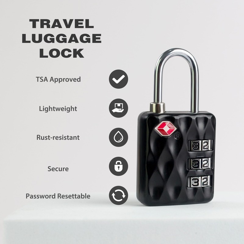 TSA-Approved Combination Padlock for Luggage & Travel - Durable, Resettable,