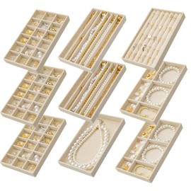 SPAKOWN Jewelry Drawer Organizer Inserts Set of 9, Jewelry Trays for Drawers Velvet Jewelry Organizer Tray Drawer Jewelry Organizers and Storage for Earring Ring Necklace Watch Bracelet (Beige)