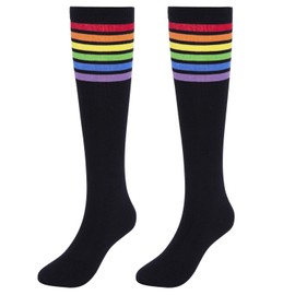 KONY Women's Cotton Colorful Striped Rainbow Knee High Socks Comfortable Stay Up Best Gift Size 6-10 (1 Pairs - Black Rainbow)