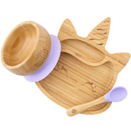 bamboo bamboo Baby Plate & Baby Bowl Weaning Set, Suction Plate and Bowl for Feeding and Weaning, Bamboo Unicorn Plate, Toddler Bowl & Baby Spoon, Suction Plates for Babies from 6 Months (Lilac)