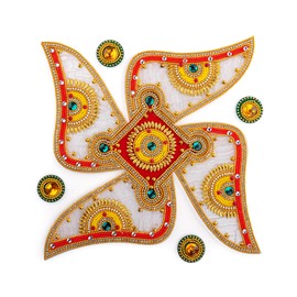 Handcrafted Designer Colorful Acrylic Rangoli for Home Temple Floor Interior Decor Decoration for Party Function Festival and Gifting Size- 8" (White Design)