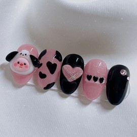 [Handmade Nail Tips] Pink Cow Nail Tips - Petit Almond / [수제네일팁] 핑크카우 네일팁 - 쁘띠아몬드