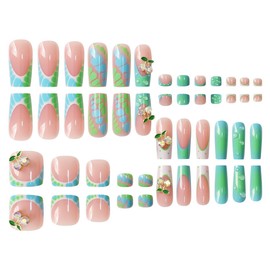 3D Cherry Press on Nails and Toes Matching Set Long Square Fake Nails Green French Tip Design Stick on Nails Summer Toe Nail Press Ons Glossy Acrylic Glue on Toenails for Women Manicure 48Pcs