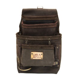 USA Pro Tools Oil Tanned Leather Tool and Nail Pouch |10 Pockets with Hammer and Tape Measure Holder Brown