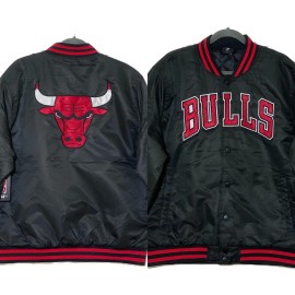 (Men's LARGE) Chicago Bulls Satin Jacket Black + Red + White