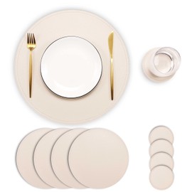 Set of 4 Faux Leather Round Placemats and Coasters, Coffee Mats Kitchen Table Mats, Waterproof, Easy to Clean for Kitchen Dining Round Table