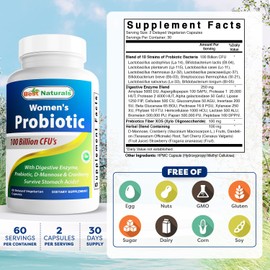 Best Naturals Probiotics for Women 100 Billion CFU - 10 Strains + Prebiotics Fiber + Digestive Enzyme Blend + Women's Health Herbal Blend - Immune, Digestive & Gut Health - 60 Deleyaed Capsules