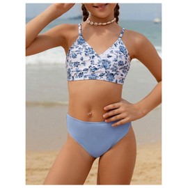 SHENHE - Traje de baño de 3 piezas con cuello en V y estampado floral para niña, Azul, 10 Años