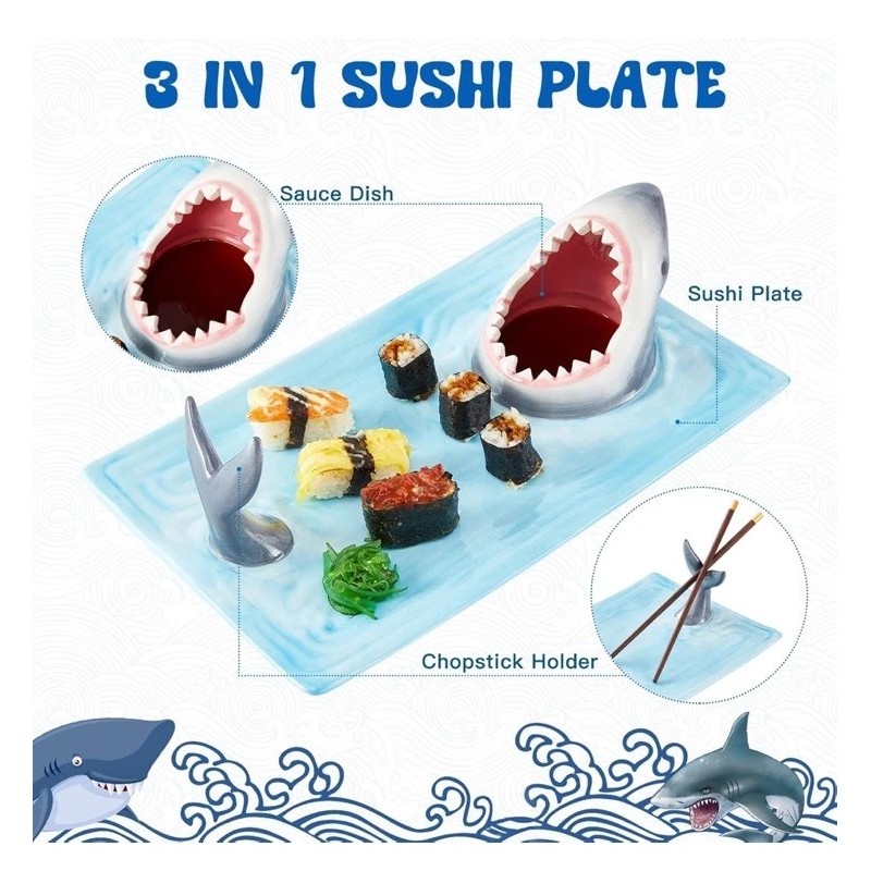 Exlipo Jaws Sushi Plate Shark Ceramic Hand Painted Table Serving