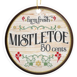 Farm Fresh Mistletoe Wood Grain Ornament - Christmas Holiday Traditional Family Tree Ornament - Xmas Tree Decoration - Fun 2024 Christmas Ornament - 3" Round Ceramic Ornament - Printed in USA AAC008