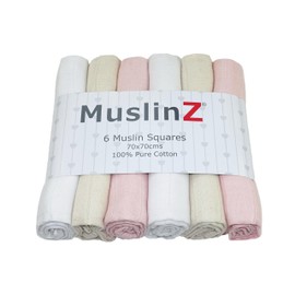 MuslinZ- 6 pack Muslin Squares Baby Burp Cloths 70x70cms Perfect for Newborns, multi-use, Oeko-Tex standard 100, UK brand. (Pale Pink Combo, 6 Pack)