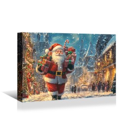 YONICA Christmas Wall Decor Santa Canvas Wall Art Home Decorations Santa Pictures Christmas Town Christmas Pine Tree Prints Winter Painting Xmas Artworks for Living Room Bedroom 16x12 Inches