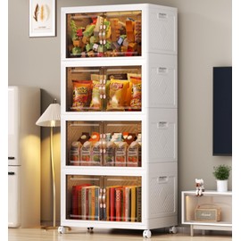 4 Pack Large Collapsible Storage Bins With Lids & Wheels, 21 Gal Plastic Folding Storage Box, Stackable Storage Bins with Doors for Closet Organizers and Storage for Over 10 years old Kids