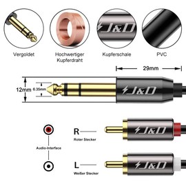 J&D 6,3mm Stereo Klinke auf Cinch Kabel, Gold Plated Kupfer Shell Heavy Duty 6,3mm (1/4 Zoll) Männlich TRS zu 2 Cinch Stecker Stereo Audio Adapter Y Splitter Cinch Kabel, 1.8 Meter