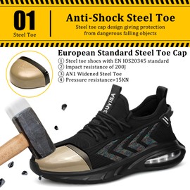 OWANVION Steel Toe Shoes for Men Lightweight Indestructible Safety Shoes Work Safety Sneakers Puncture Proof Comfortable Slip On Safety Shoes for Industrial Coustruction Black