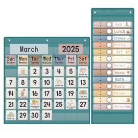 Ctosree 2 Pcs Classroom Monthly Calendar Pocket Chart with 71 Daily Schedule Pocket Chart Cards with 26 Double Sided Reusable Cards for Homeschool Preschool(Lake Blue)